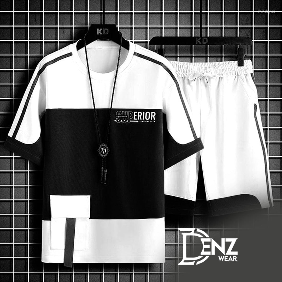 EZI-White Printed Short Tracksuit With Contrasted Pannels For Men DW-13