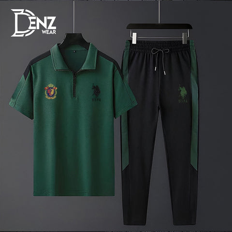 Stylish Green Polo T-shirt & Black Panel Trouser For Men DW-17