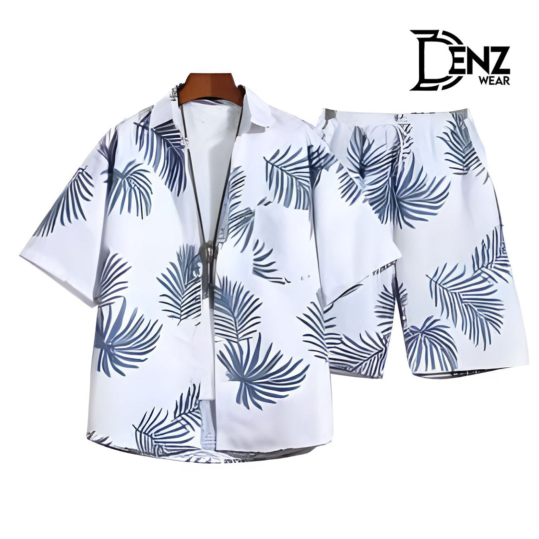 Men's Two-piece Outfits, Leaf Print Button Up Shirt And Drawstring Plain Shorts, Casual Loose Clothing For Summer DW-35