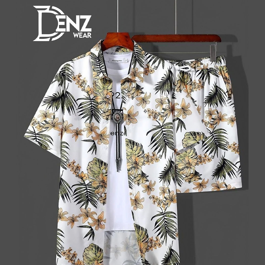 Men's 2 Piece Outfits Hawaiian Sets Button Down Tropical Print Summer Shirt and Short Sets DW-47