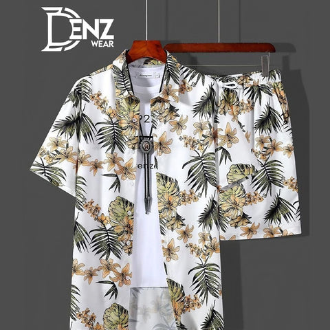 Men's 2 Piece Outfits Hawaiian Sets Button Down Tropical Print Summer Shirt and Short Sets DW-47